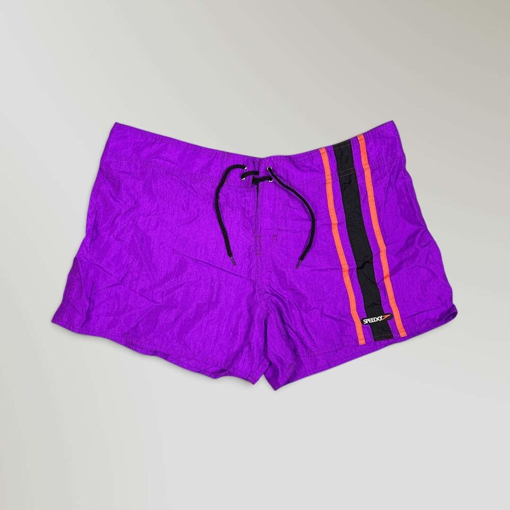 Vintage 90s Speedo Swim Trunks Purple Neon Colorblock Nylon Drawstring Size XL